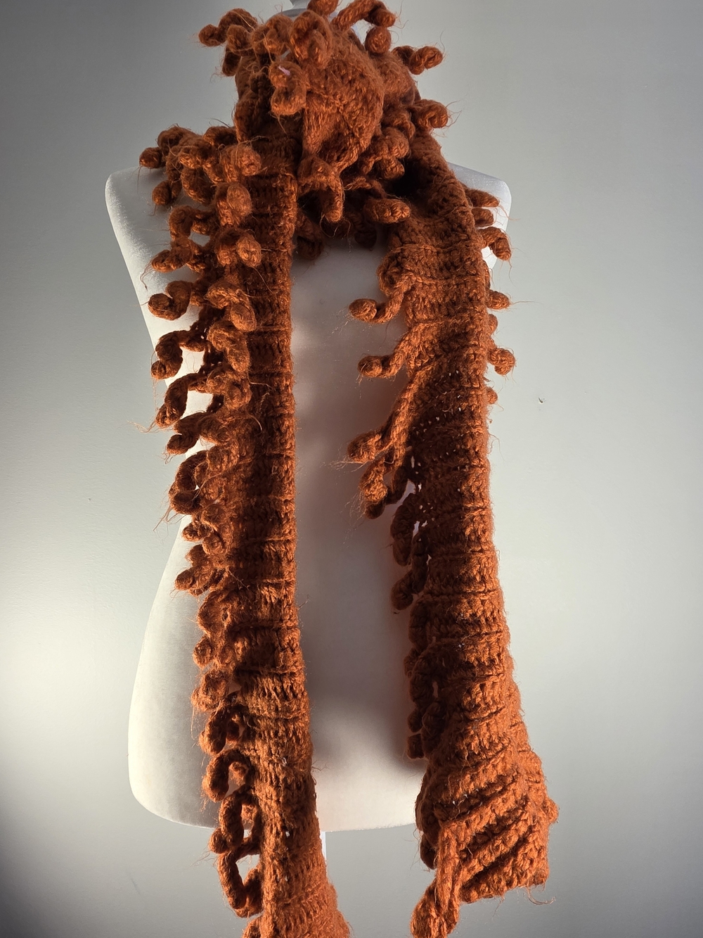 Rust Burnt Orange Hand Knit Crochet Textured Fringe Scarf Boho Fall Winter